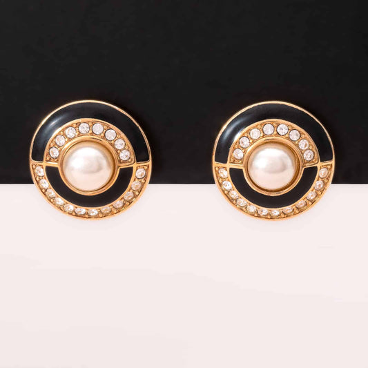Swarovski-runde-Ohrringe-Perle-Kristalle-schwarze-Emaille