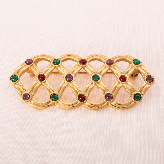 Swarovski-vergoldete-Brosche-durchbrochen-mit-bunten-Cabochons-verziert