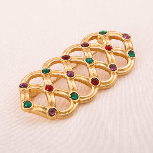 Swarovski-vergoldete-Brosche-durchbrochen-mit-bunten-Cabochons-verziert