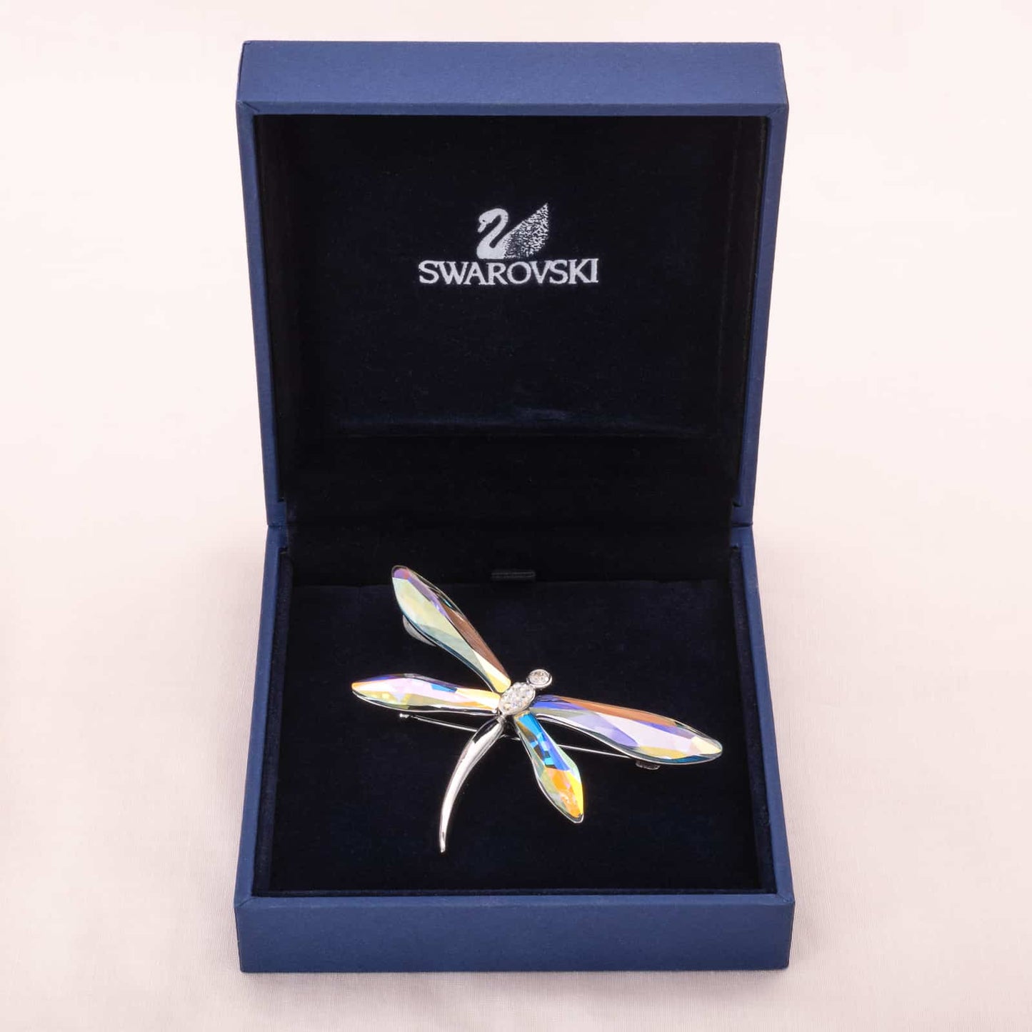 Swarovski-Brosche-Libelle-funkelnde-Aurora-Borealis-Kristalle-mit-Box