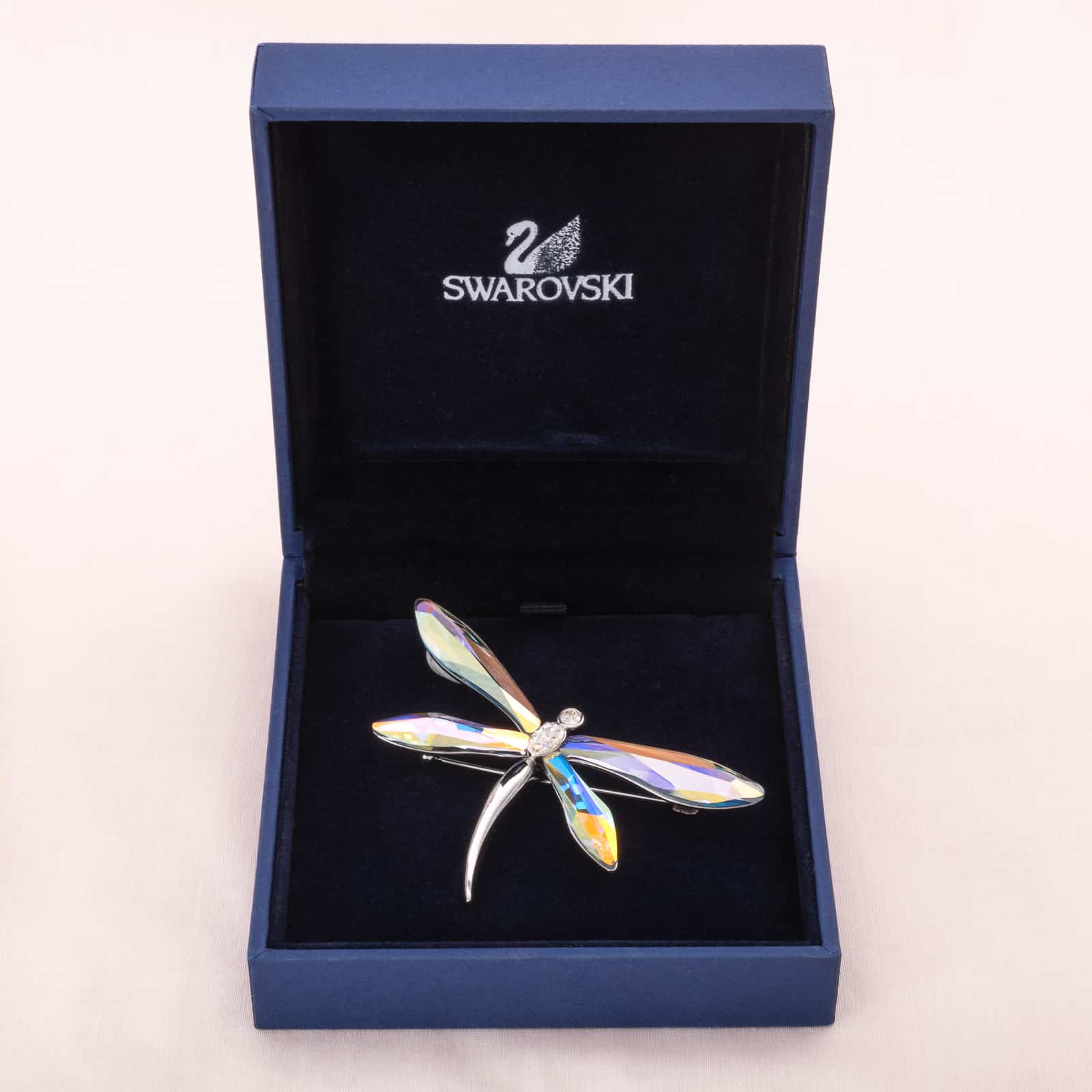 Swarovski-Brosche-Libelle-funkelnde-Aurora-Borealis-Kristalle-mit-Box