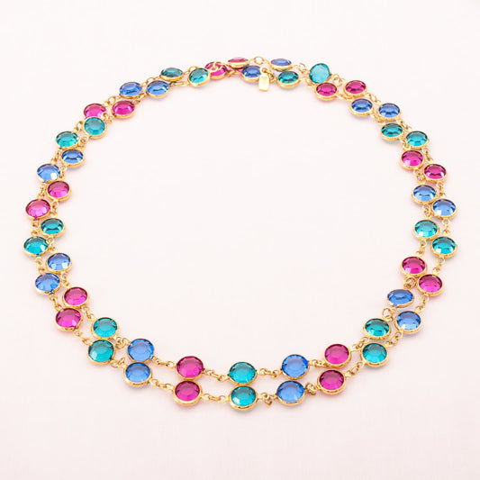 Swarovski-Halskette-bunte-runde-Kristalle-vergoldete-Fassung