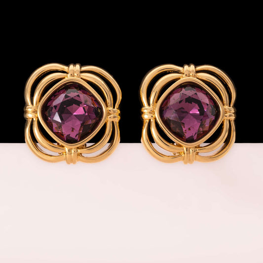 Swarovski-Ohrclips-vergoldet-eckiger-großer-Kristall-in-Lila