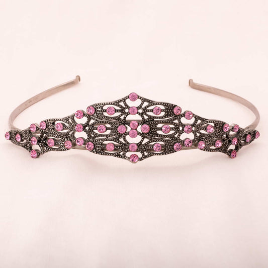 Vintage-Tiara-silberfarben-rosa-Strass-verziert