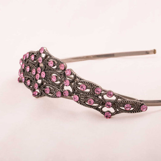 Vintage-Tiara-silberfarben-rosa-Strass-verziert