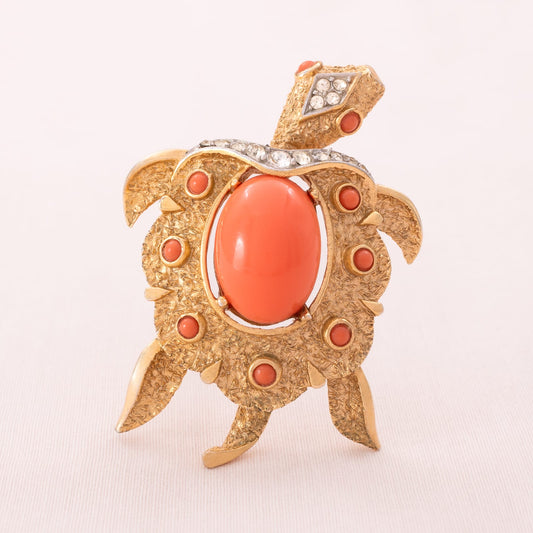 Trifari-Sammlerstück-Schildkröten-Brosche-vergoldet-koralfarbene-Cabochons