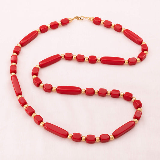 Trifari-Halskette-rote-Kunststoff-Perlen-80er-Jahre
