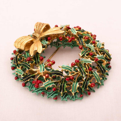 WEISS-große-Weihnachtskranz-Brosche-emailliert-vergoldete-Schleife