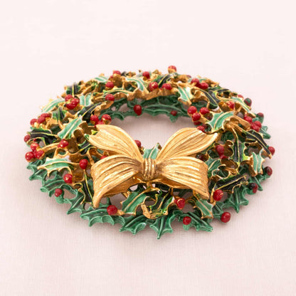 WEISS-große-Weihnachtskranz-Brosche-emailliert-vergoldete-Schleife