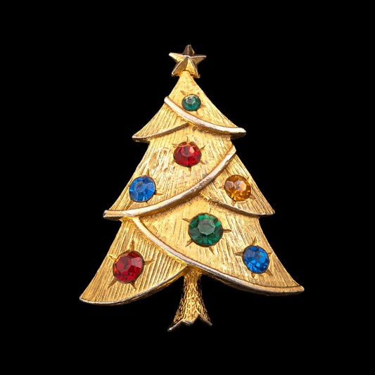 Weihnachtsbaum-Brosche-1960s-vergoldet-große-bunte-Strasssteine