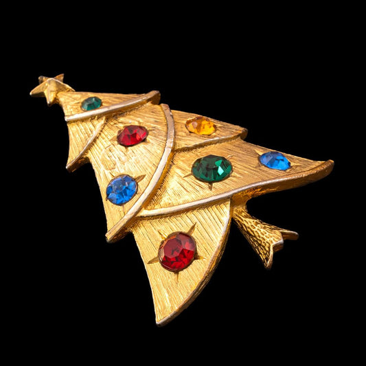 Weihnachtsbaum-Brosche-1960s-vergoldet-große-bunte-Strasssteine
