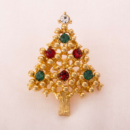 Weihnachtsbaum-Pin-Brosche-vergoldet-mit-grünen-und-roten-Strass-verziert