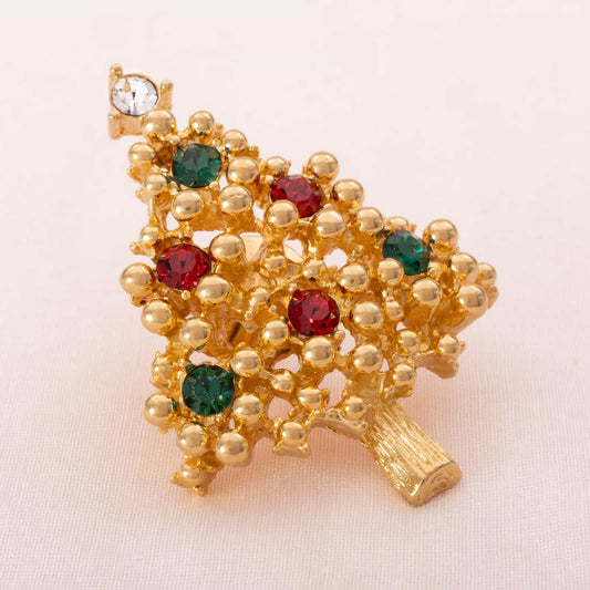 Weihnachtsbaum-Pin-Brosche-vergoldet-mit-grünen-und-roten-Strass-verziert
