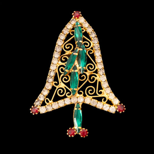 Weihnachtsbaum-Brosche-Glocke-Strass-grüne-Navettesteine-rot-weiße-Kristalle
