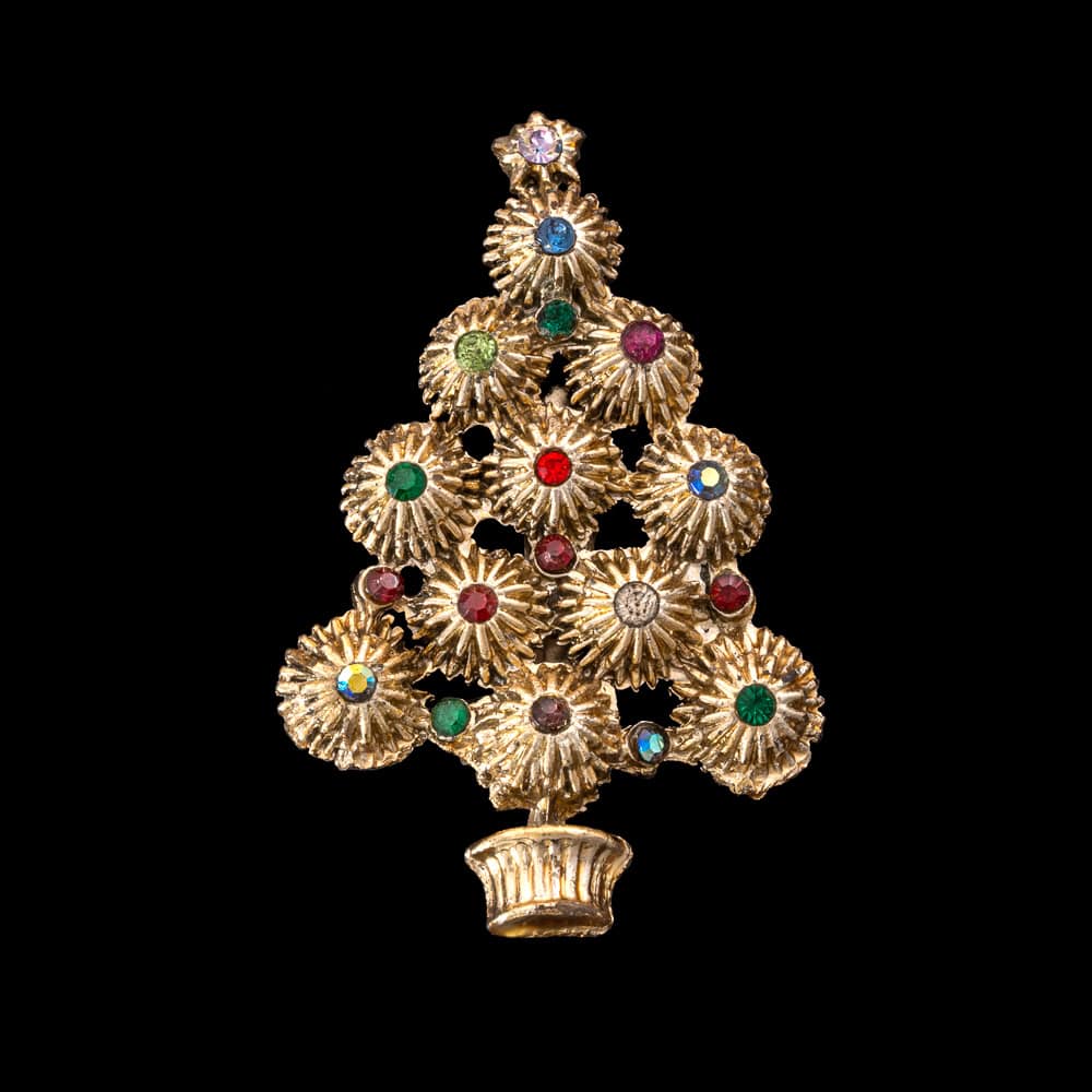 Vintage-Weihnachtsbaum-Brosche-goldfarbene-Rosetten-bunte-Strasssteine