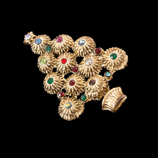 Vintage-Weihnachtsbaum-Brosche-goldfarbene-Rosetten-bunte-Strasssteine