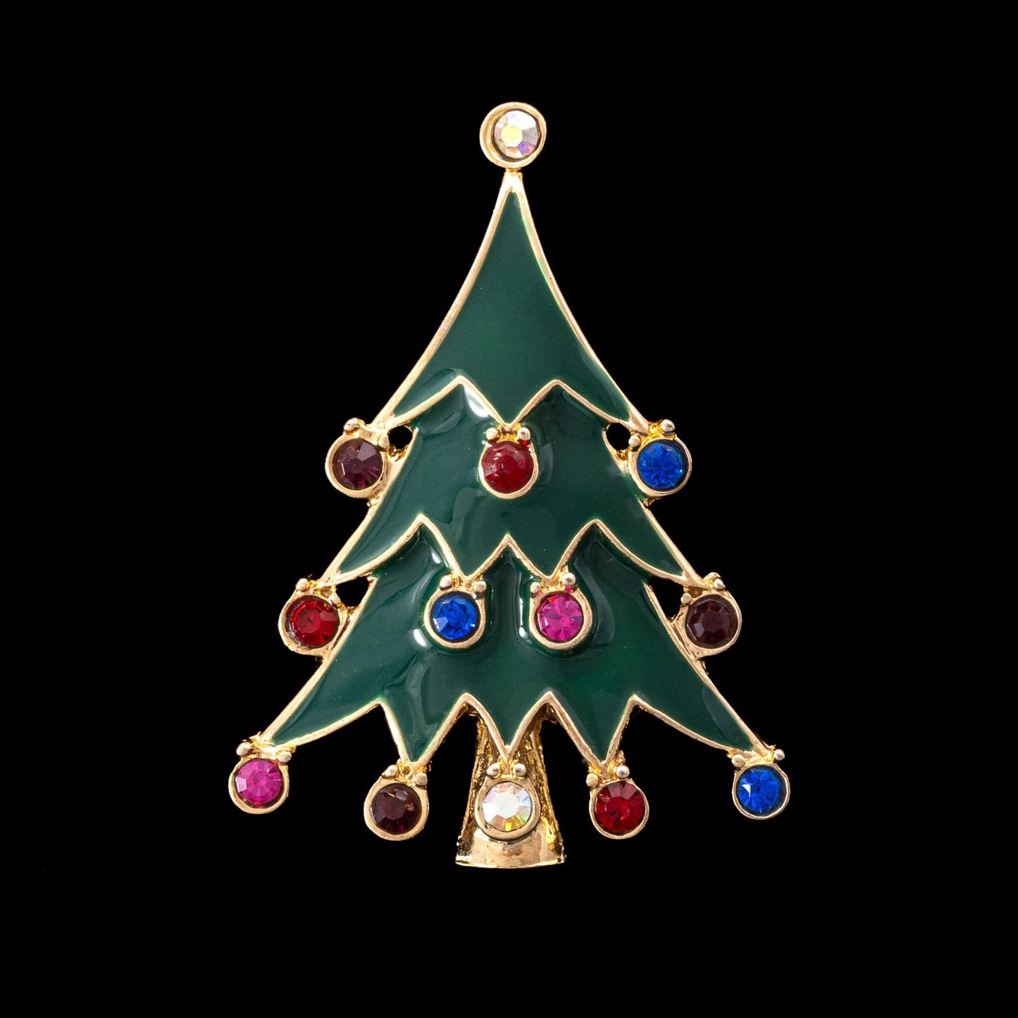 Weihnachtsbaum-Brosche-grün-emailliert-mit-buntem-Strass-dekoriert