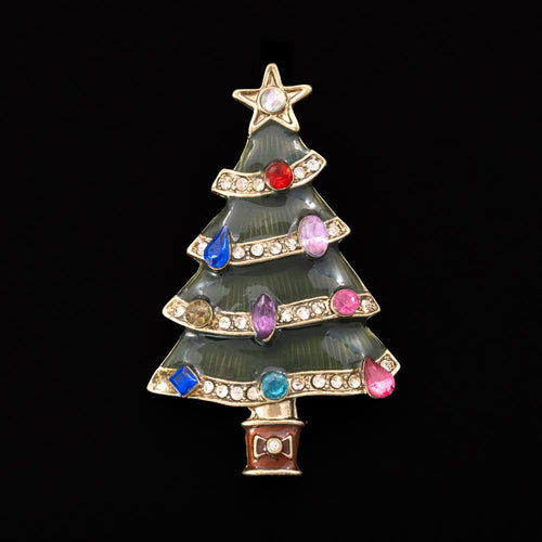 Vintage Weihnachtsbaum Brosche silberfarben mit Emaille und bunten Strasssteinen