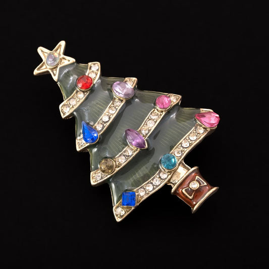 Weihnachtsbaum-Brosche-silberfarben-grne-Emaille-verschiedene-bunte-Strasssteine