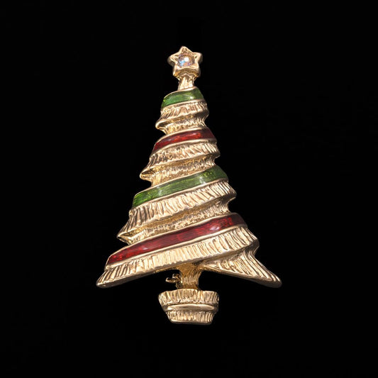 Weihnachtsbaum-Brosche-vergoldet-rot-grünes-Emaille-Band
