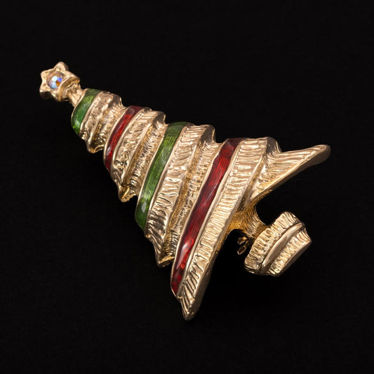 Weihnachtsbaum-Brosche-vergoldet-rot-grünes-Emaille-Band
