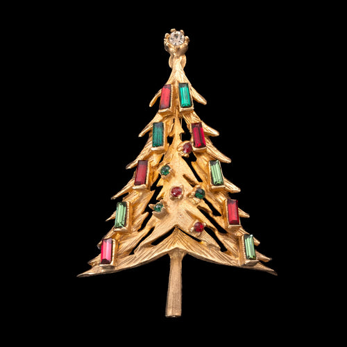 Weihnachtsbaum-Brosche mit grünen und roten Baguette-Steinen