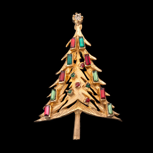 Weihnachtsbaum-Brosche-vergoldet-mit-grünen-und-roten-Baguette-Steinen