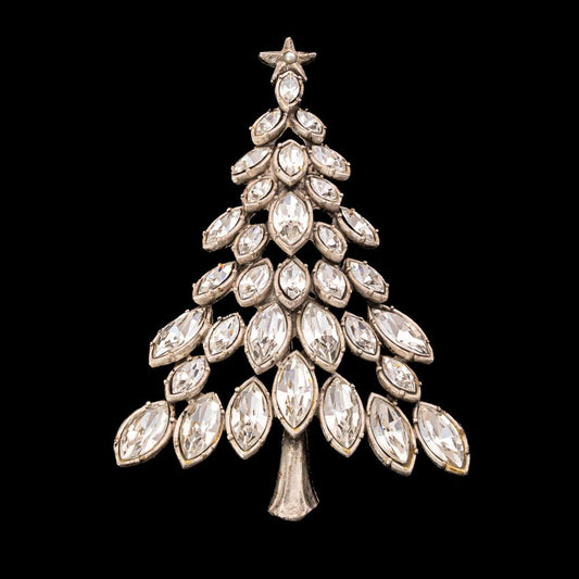 Strass-Weihnachtsbaum-Brosche-sehr-groß-matt-silberfarben-Navette