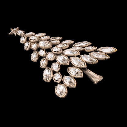 Strass-Weihnachtsbaum-Brosche-sehr-groß-matt-silberfarben-Navette