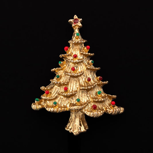 Vintage-Brosche-Weihnachtsbaum-vergoldet-Mini-Cabochons