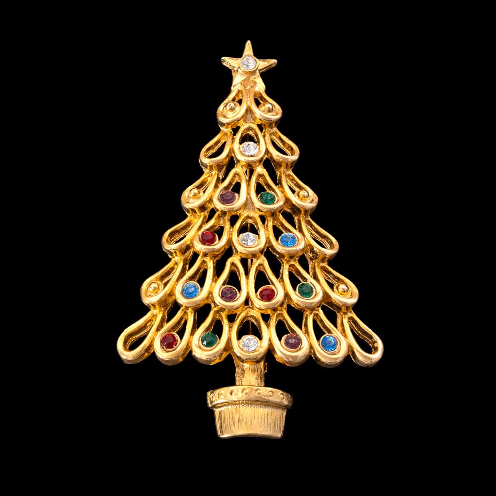 Vintage-Weihnachtsbaum-Brosche-vergoldet-bunte Strasssteine