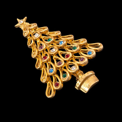 Vintage-Weihnachtsbaum-Brosche-vergoldet-bunte Strasssteine