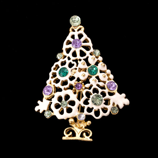 Weihnachtsbaum-Brosche-70s-Vintage-weiß-emailliert-lila-grüne-Strasssteine