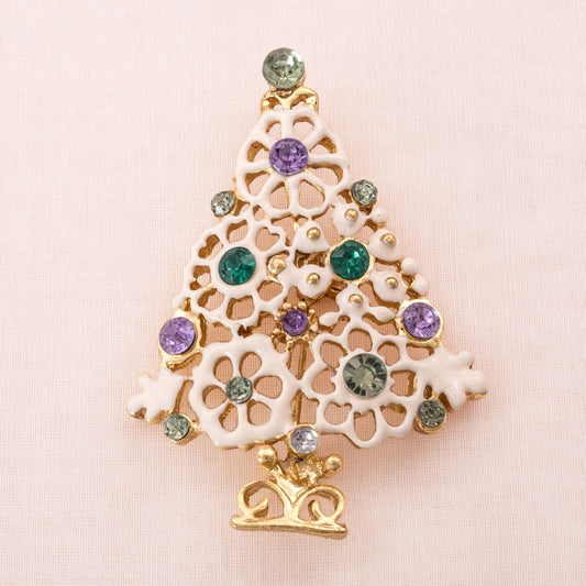 Weihnachtsbaum-Brosche-70s-Vintage-weiß-emailliert-lila-grüne-Strasssteine