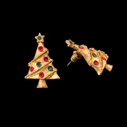Vintage-Weihnachtsbau-Ohrringe-vergoldet-rot-grüne-Kugeln