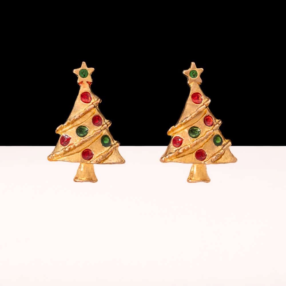 Vintage-Weihnachtsbau-Ohrringe-vergoldet-rot-grüne-Kugeln