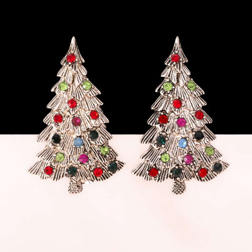 Silver-colored Christmas tree earrings decorated with colorful rhinestones