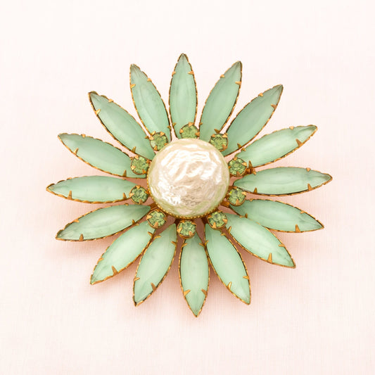 Große-Vintage-Brosche-grüne-Blume-Perle-Strasssteine