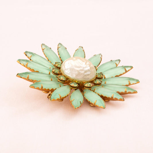 Große-Vintage-Brosche-grüne-Blume-Perle-Strasssteine