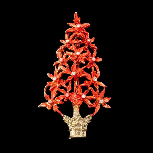 Weihnachtsbaum-Brosche-rote-Weihnachtssterne-Strass-verziert