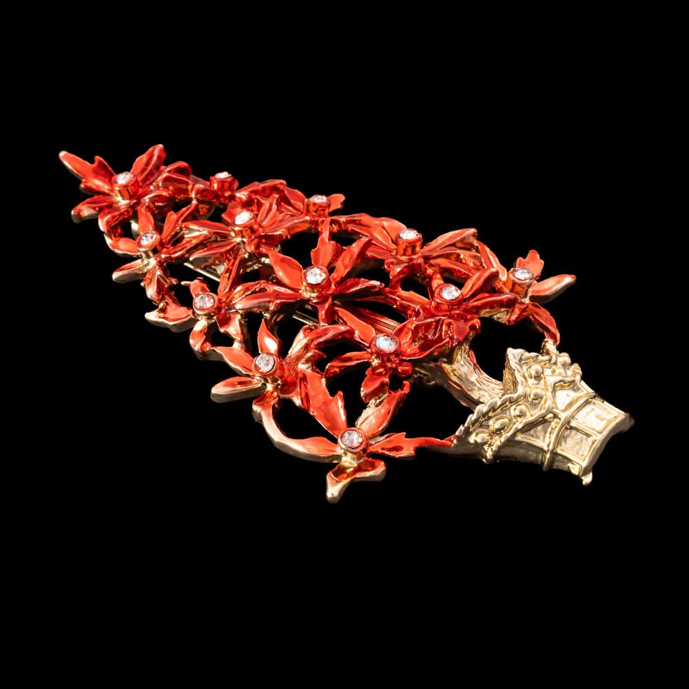 Weihnachtsbaum-Brosche-rote-Weihnachtssterne-Strass-verziert