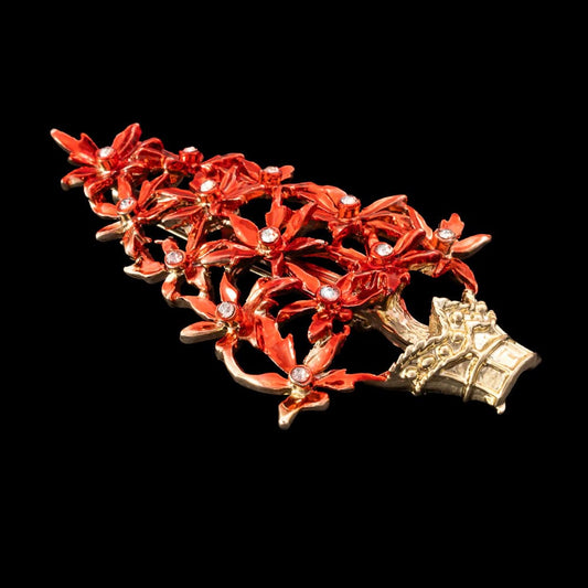 Weihnachtsbaum-Brosche-rote-Weihnachtssterne-Strass-verziert