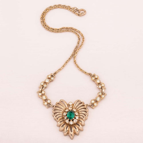 Vintage Halskette mit Herz Anhänger und grünem Strass