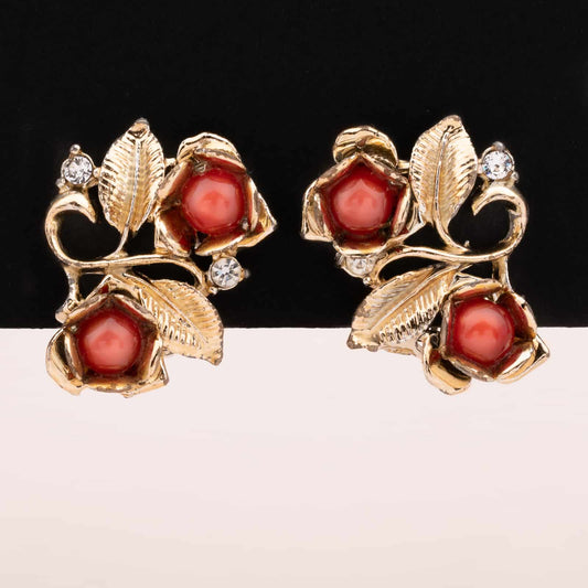 Goldfarbene-50s-Ohrclips-rote-Beeren-und-Strass