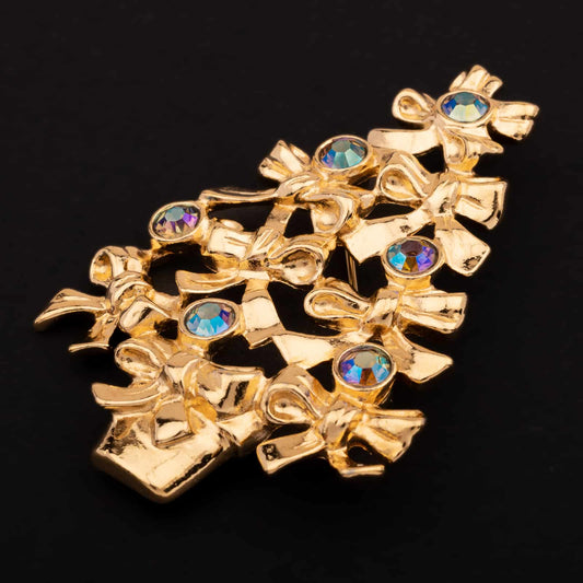 Avon-Tannenbaum-Brosche-mit-goldfarbenen-Schleifen-und-Aurora-Borealis