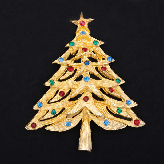 Weihnachtsbaum-Brosche-goldfarben-mit-bunten-Strasssteinen