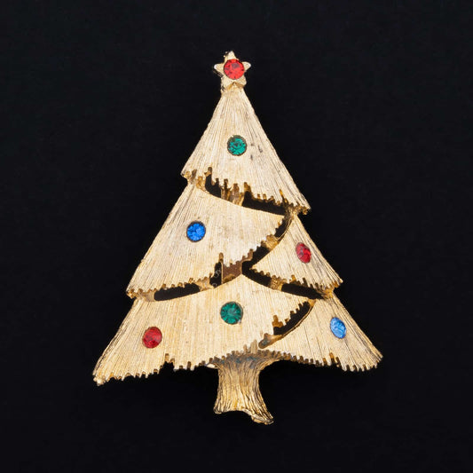 Weihnachtsbaum-Brosche-goldfarben-mit-bunten-Strasssteinen