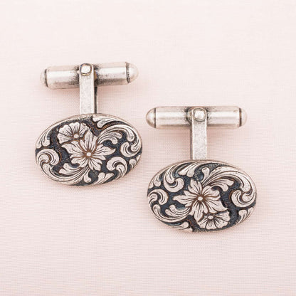 Christian-Dior-silberfarbene-Vintage-Manschettenknöpfe-mit-Blumenmuster