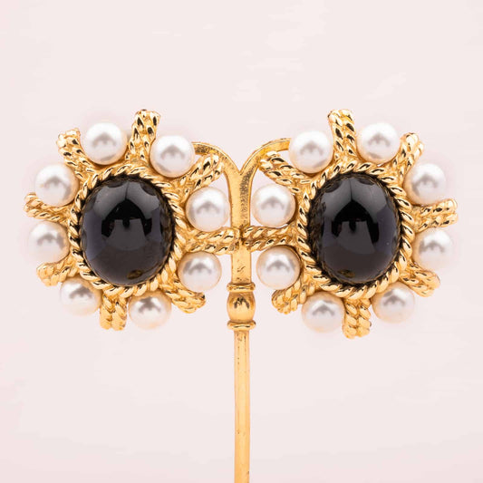 Ciner-Ohrclips-Schwarzer-Cabochon-Perlen