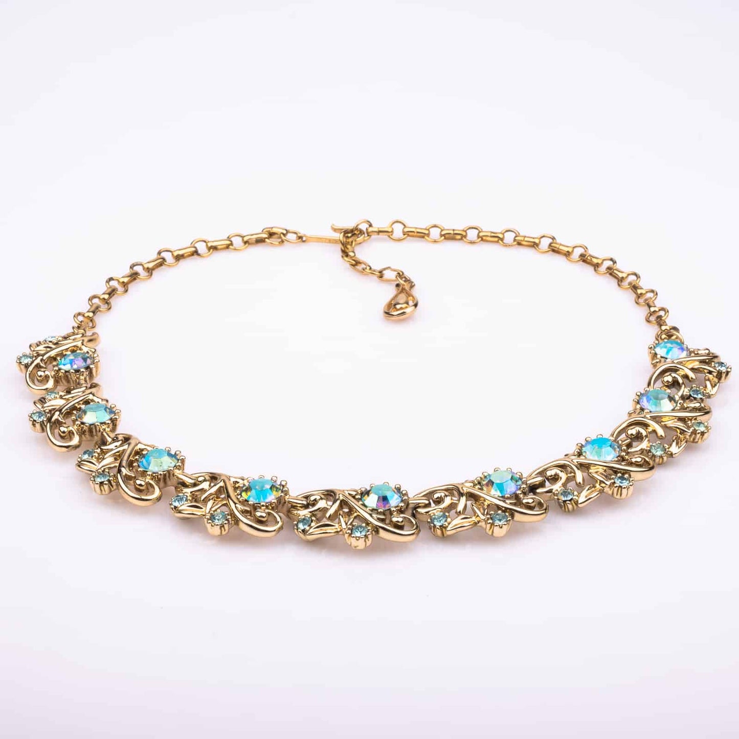 CORO-Halskette-goldfarben-Aqua-Blaue-Strasssteine